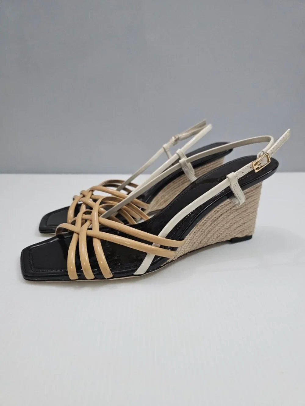 Tory Burch Multi Strap 75mm Espadrille Wedge Womens 9.5 Tan Cream Leather Sandal